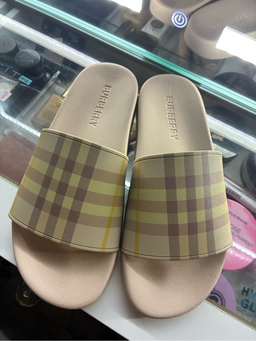 Burberry Beige Plaid Slide Sandals with Yellow Accent